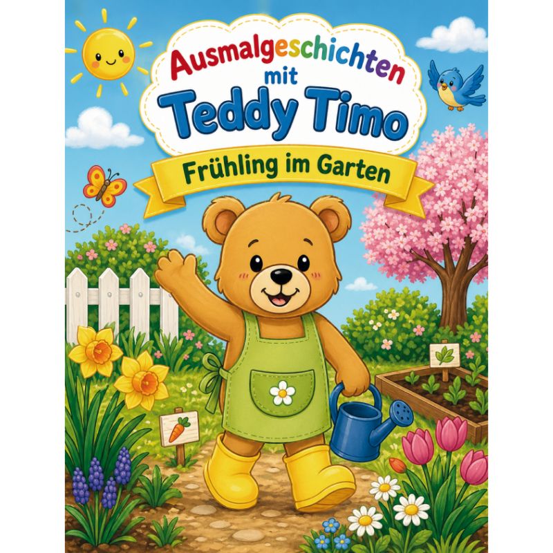 Ausmalgeschichten mit Teddy Timo: Frühling im Garten, für Kinder von 4 bis 8