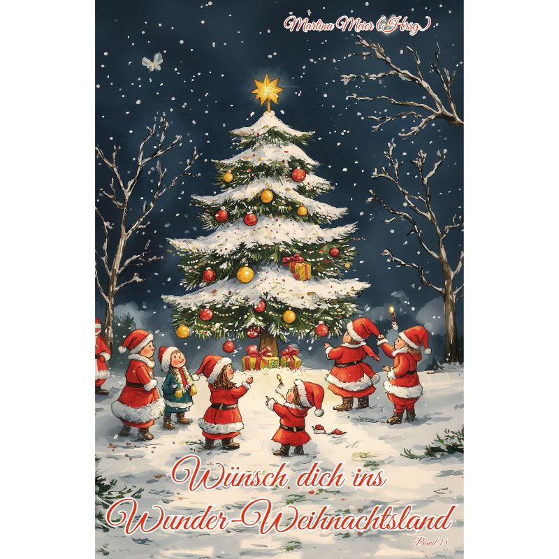Weihnachtswichtel um Weihnachtsbaum im Schnee