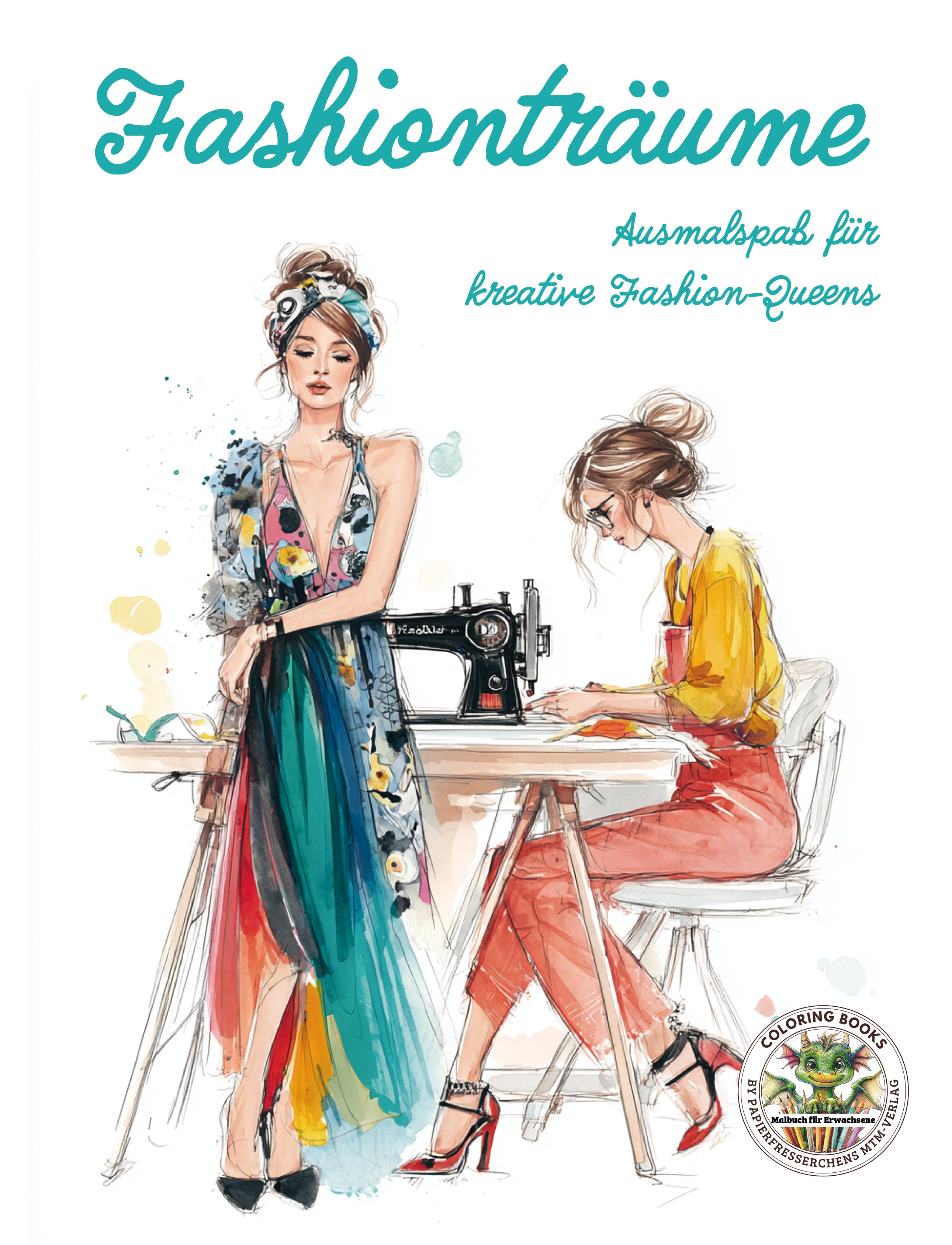 Schneiderin und Model an der Nähmaschine, Malbuch Erwachsene
