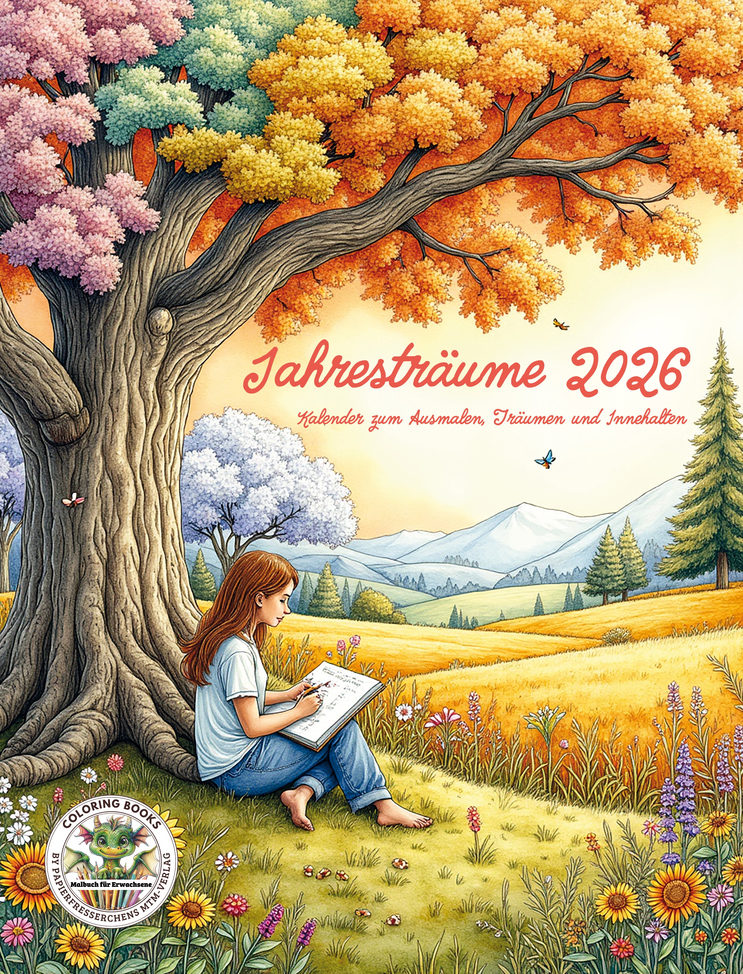Malbuchcover für Erwachsene, eine Frau unter einem Baum, Kalender