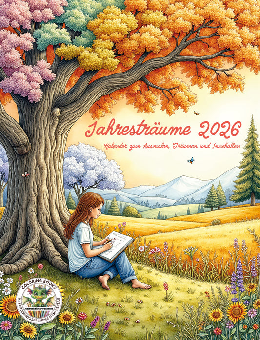 Malbuchcover für Erwachsene, eine Frau unter einem Baum, Kalender